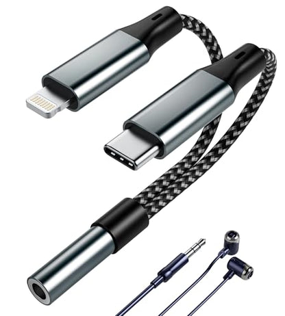 USB C and Lightning Male to Female 3.5mm Headphone Adapter - 3.5mm Headphone Jack Audio Adapter for iPhone 17/16/15/14/13/Pro/Pro Max, Android Phone, iPad, Laptop
