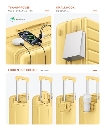 Expandable 20Inch Carry On Luggage Airline Approved - Top Opening Hardside Travel Suitcase Unbreakable -with Cup Holder,USB Charge,Side Pothook, 360°Spinner Wheels, TSA Lock-Yellow - color: Yellow, size: 20 Inch-EXT