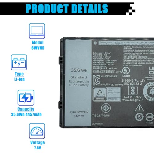 35.6Wh 6WVHD Laptop Battery Replacement for Dell Latitude 7230 Rugged Extreme Tablet T06H T06H001 Series Notebook FNW8F VDDJY 0VDDJY JM6CX 0JM6CX 451-BDDY 7.6V 4457mAh - size: 4.1*2.3*0.3 inch 6WVHD