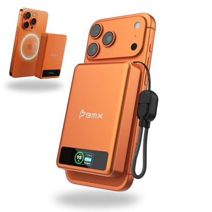 BMX 10K Semi-Solid Power Bank, 10000mAh (Orange) | Semi-Solid State safety; 10,000mAh MagSafe-compatible Qi2 15W for iPhone 17/16/15/14/13/12; 30W dual USB-C; full-color LCD