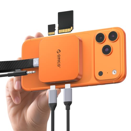 ORICO Ultra-Thin Magnetic SD Card Reader for iPhone 17/16/15 Series/iPad/MacBook, USB C Camera Adapter with SD/TF 3.0 Solt, 5Gbps USB-A, 3.5mm AUX, 100W PD Pass-Through - color: Orange, size: 6 IN 1