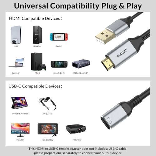 HDMI to USB C Cable 4K@60Hz 0.75ft, Unidirectional Adapter for AR Glasses | Male to Female, Compatible with Xreal Air/Rokid AR/Rayneo, PS5/Xbox/Steam Deck,Portable Monitor Touch, Gold-Plated Connectors
