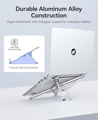 ORICO Portable Laptop Stand for Travel & Desk, Ultra-Compact Foldable Aluminum 3-in-1 Riser for Laptop, Tablet & Phone, 5 Adjustable Heights, Compatible with MacBook/HP/Dell/iPad/iPhone – PN1 (Silver)