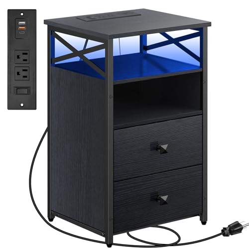 Livofloral LED Night Stand with Charging Station, Living Room Side Tables with Storage, Farmhouse End Table with Wood Drawers, Black End Table with Charging Station, Bed Side Table for Bedroom, Black - color: Black, size: 1 Pack without Wireless Charging