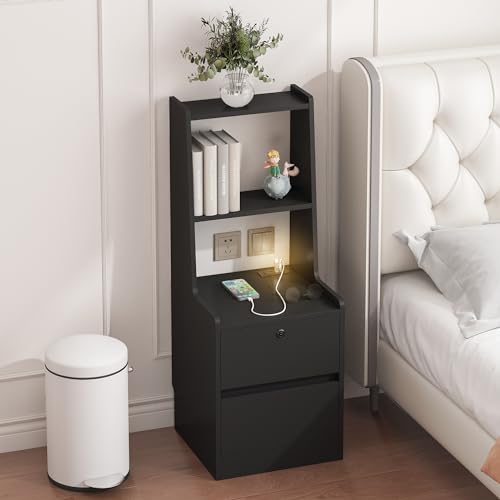 Modern Smart Nightstand with Night Light & Charging Station, Night Stand with Bookshelf, Lockable Bedside Cabinet Tables with 2 Storage Drawers for Bedroom Home Office - color: Black