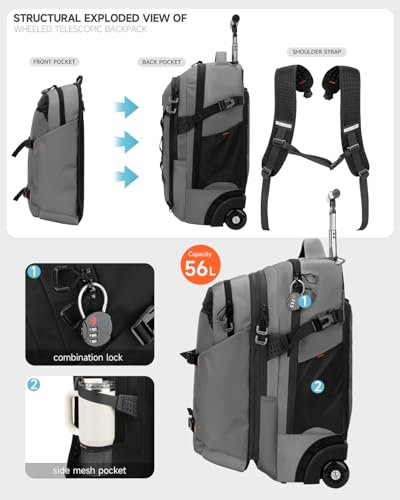 2-in-1 Detachable Rolling Backpack & Daypack, 56L Large Backpacks with Wheels Fits 17 Inch Laptop, Water Resistant, Carry On Luggage for College, Travel, Camping, Hiking Grey - color: Grey, style: Rolling Backpack