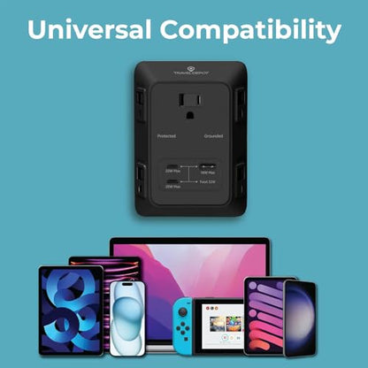 PD USB Wall Charger Surge Protector, 5 Outlet, (Black) | Extender 2 USB C & 1 USBA Charging Ports, Fast Charge 3 Sided Power Strip Multi Plug Outlets Wall Adapter for Home Office - color: Black