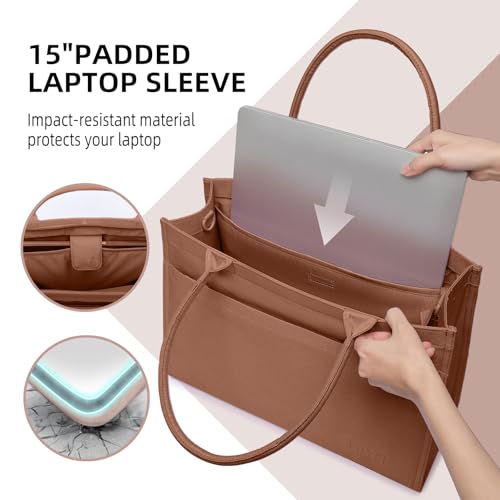 Laptop Tote Bag for Women, Large Canvas Totes with Zipper and Key Fob, Work School Bag Travel Bag Teacher Nurse Purse - color: Brown