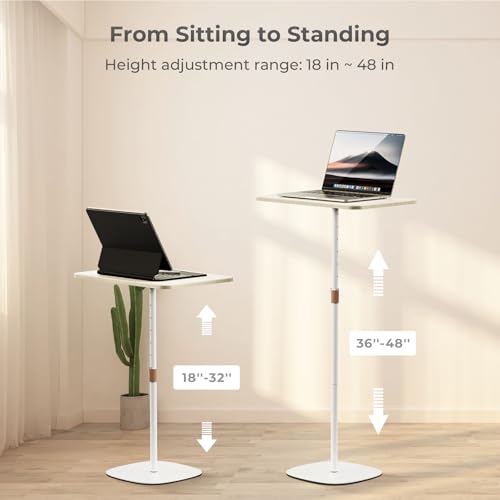 Portable Laptop Floor Stand, Bedside/Sofa Table with Height Adjustable 18''~48'', Sleek Wooden Lectern Standing Desk Mobile Podium for Home, Office, School, White - color: White