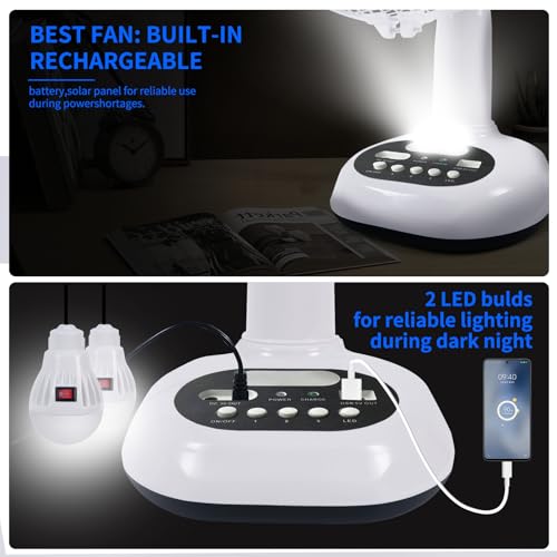 14400mAh Rechargeable Solar Powered Fan, AC DC Portable Camping PowerBank Fan ,12 Inch Oscillating Tabletop Fan with Led Night Light for Home Office Outdoor Camping Tent Traving