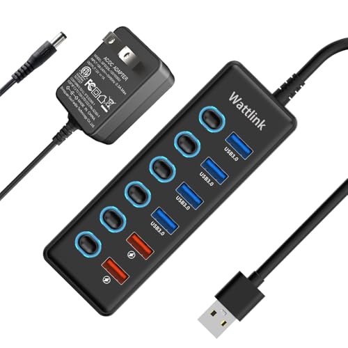 Powered USB 3.0 Hub, 6 Ports Hub Splitter with Power Adapter, 4 Data Ports + 2 QC 3.0 Fast Charging Ports, Individual LED Switches, Black