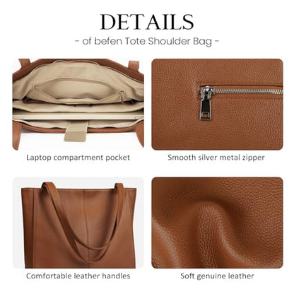befen Genuine Leather Tote Bag for Women Work Travel Leather Purse Handbags | Real Leather, Padded 14" Laptop Compartment, Multi-Pockets, Zipper, Tote Bag for Daily - color: Cognac Brown 02