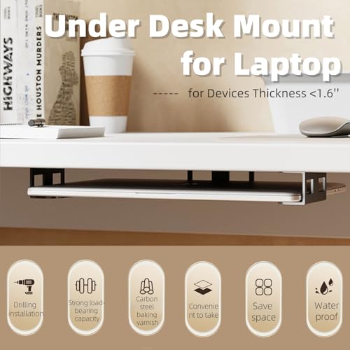 Under Desk Laptop Mount - Metal Under Desk Shelf Holder with Anti-Scratch, Laptop Wall Holder for Keyboard, Devices Thickness <1.6'' (Black) - color: black