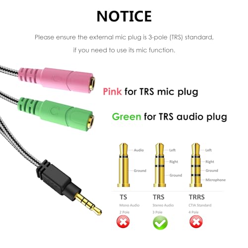 Headphone Mic Splitter 3.5mm Headset Adapter (Microphone + Audio) | Braided 2 TRS Female to TRRS Male CTIA Stereo Y Jack for Dual-Plug Game Headset to Xbox, PS4, Phone, Laptop, PC - 8 inch - size: 1 Pack / 0.6 Feet