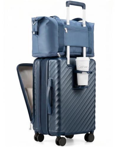 Carry On Luggage with Front Compartment and Cup Holder, KVF Expandable PC Hard Shell Suitcase with Front Pocket (FX-Plus, Midnight Blue, 2-Piece (20/Tote)) - color: Midnight Blue