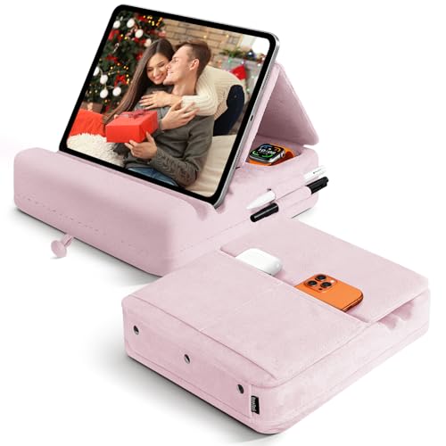Tablet Pillow Stand with Storage, Foldable iPad Holder for Lep, Bed, Sofa, and Desk - Soft Pad Dock with Pocket and Stylus Mount Compatible with 4-13" iPad Pro/Air/Mini, Galaxy Tab, Kindle (Purple) - color: Purple