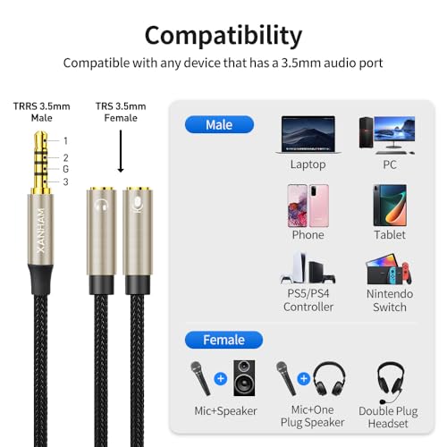 3.5mm Headphone Splitter Y Shape 1/8 Inch 2 TRS Female to 1 TRRS Male Mic and Audio 4 Pole Headset Stereo Adapter Cable Cord Compatible with Laptop, Smartphone, PC, Tablet, Gaming, etc