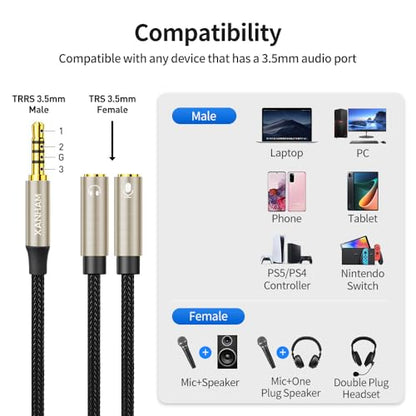 3.5mm Headphone Splitter Y Shape 1/8 Inch 2 TRS Female to 1 TRRS Male Mic and Audio 4 Pole Headset Stereo Adapter Cable Cord Compatible with Laptop, Smartphone, PC, Tablet, Gaming, etc