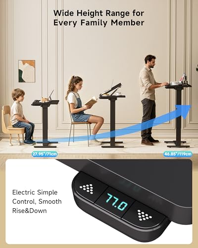 BIZUM Small Electric Standing Desk, Overbed Table Wireless Tilt Top with Hidden Wheels, 27.6×15.8 Inch Adjustable Rolling Laptop Desk, USB-C Rechargeable Battery, Black - color: Black