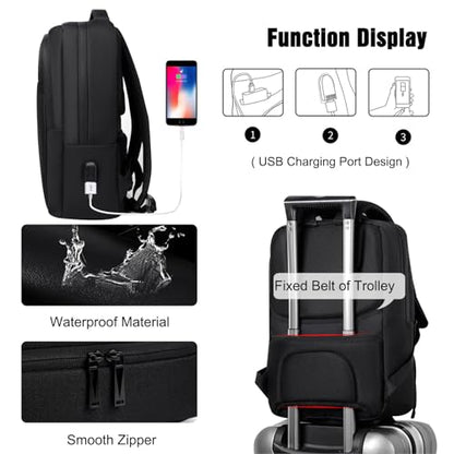 FANDARE 15.6 Inch Laptop Backpack for Men Women Business Travel Backpack with USB Charging Port & Luggage Strap Large Waterproof Polyester Carry On Backpack Black - color: Black