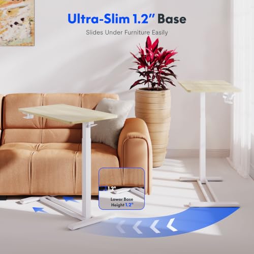 FLEXISPOT H7 Adjustable Overbed Bedside Table with Wheels Pneumatic Mobile Standing Desk Laptop Desk Rolling Computer Cart Movable Overbed Tables Hospital Home Use(27.6" W x 15.7" D, White Wood Grain) - color: White Wood Grain, size: Small