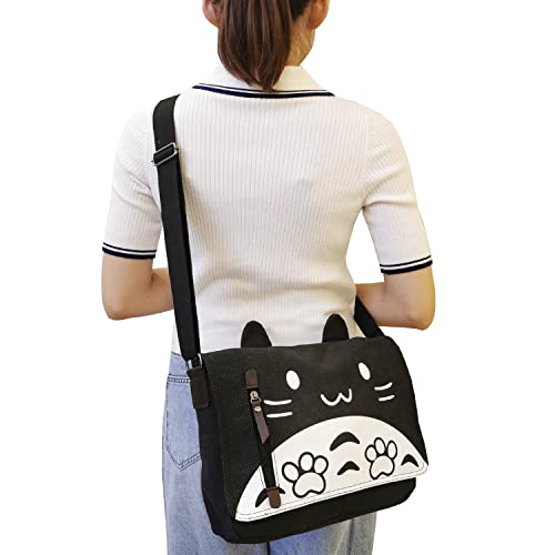 Canvas Cute Cat Kitty Messenger Bag Girls Crossbody Bag Shoulder Bag Cute Satchel School Bag - color: Black