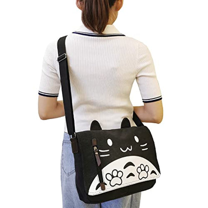 Canvas Cute Cat Kitty Messenger Bag Girls Crossbody Bag Shoulder Bag Cute Satchel School Bag - color: Black