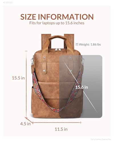 Leather Laptop Backpack 15.6 inch Womens Computer Bag Brown | 3-in-1 laptop purse: Dedicated 15.6" Compartment, 7-Pocket Organizer, Colorful Shoulder Strap, Work & Travel Ready - color: Brown