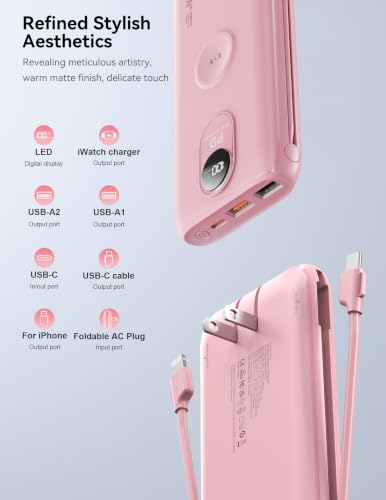 Portable Charger 10000mAh 20W, Wall Plug, 2 Cables, iWatch Charging | Digital Display, Compact Lightweight, USB C Fast Charge, USB-A 18W, Multi Protection, Travel Essential, for iPhone 17 16, Pad - color: Bloom Pink