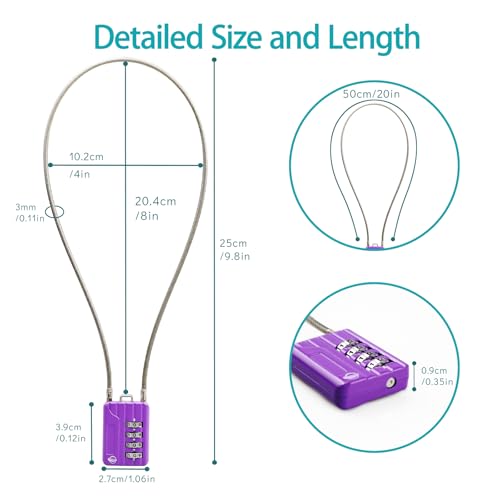 4 Digit Cable Combination Locks 20 inches Cable for School Gym Locker,Helmet,Filing Cabinets,Toolbox,Luggage Suitcase,knapsack,Cable 3mm Diameter,Purple - size: 50cm(20in)Cable Purple