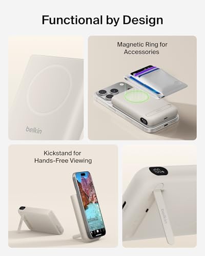 Belkin 10000mAh Qi2.2 25W MagSafe Power Bank with Kickstand and Display | Wireless Charging Battery Pack, iPhone 17, Air, Pro, Pro Max, Google Pixel 10, Digital Battery Display, Magnetic - color: Sand
