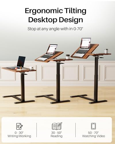 Overbed Table with Wheels, Pneumatic Lift, Foldable Top (Brown) | 0-70° Tilt Desktop Bedside Table, Hidden Casters,1.18 In Low-Profile Base Slides Under Beds and Sofas, Holds 88 Lbs - color: Brown