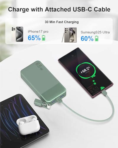 NOBIS Power Bank 20000mAh 65W Laptop Portable Charger | Battery Pack with attached USBC Cable 2 USB-C & 2 USB-A Ports, for Laptop,Pad,tablet,Phone 17/16/15/14,S26 - color: Green