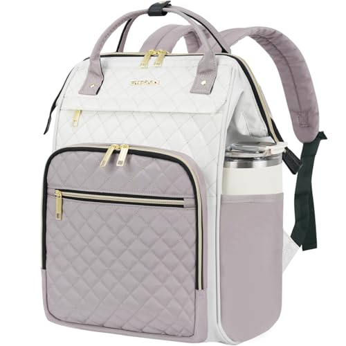 EMPSIGN 17 Inch Laptop Backpack for Women, Beige-Dusty Pink | Computer Bag, Work Business Travel College, Large Capacity, Water-repellent, Quilted Casual Daypack - color: Beige/Dusty Pink, size: 17 inch