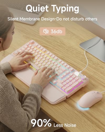 EWEADN Wired Keyboard and Mouse Combo with Detachable Wrist Rest, Quiet Ergonomic Keyboard Mouse Set with Multimedia Knob, RGB Backlit, Double-Shot Keycaps Natural Typing for Laptop, PC - Peach - color: Peach