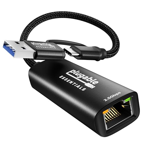 Plugable 2.5Gbps USB C to Ethernet Adapter, 2-in-1 USB-A & USB-C Ethernet Adapter for laptop |Aluminum, Braided, 2.5Gbps High Speed| Compatible for Thunderbolt 4/3, MacBook Air/Pro, iPad, Windows, XPS