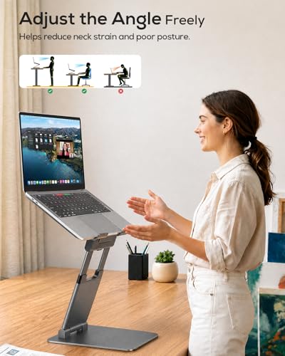 Nulaxy Pull-Out Height Adjustable Laptop Stand for Desk, 22 LB Support | Full Aluminum Standing Desk Holder, Vented Panel, Dual Foldable Design, Compatible with 10-17 Inch Laptops, Office Essentials - color: A-Gray