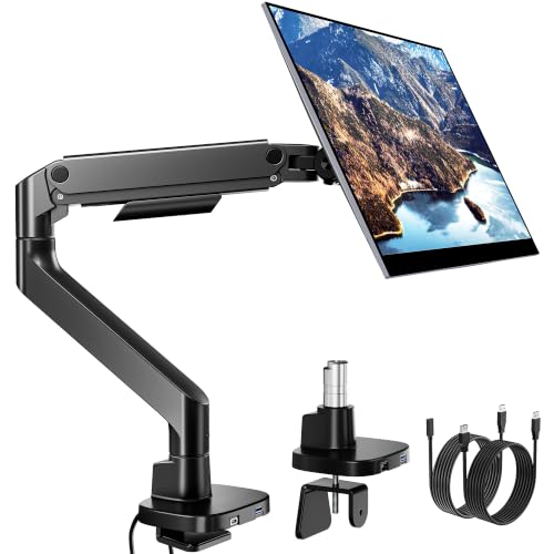 Pegzone Heavy Duty Single Monitor Arm, Gas Spring Monitor Mount for 17-49 Inch Ultrawide Screens with USB, Computer Monitor Stand for Desk with C-Clamp/Grommet Base up to 44 lbs, VESA 75/100mm, Black - color: Black, size: with USB