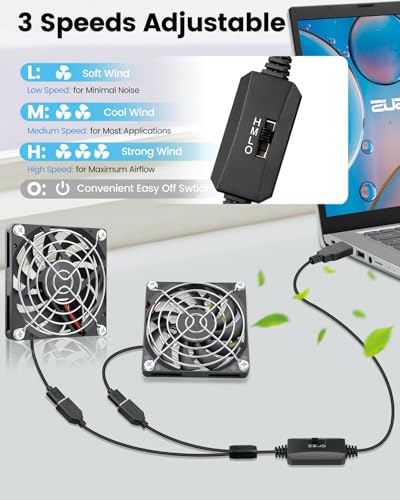 GDSTIME Dual 80mm x 10mm Slim USB Fan with 3 Speeds Control, DC 5V Powered | L/M/H Adjustable, Brushless, Ultra Thin 8010, 80x80x10mm, for Mini Computer PC, Receiver, DVR, Cable Box, DIY Cooling Project - size: 80x10mm