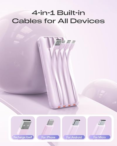 Orfeika 20000mAh Power Bank Fast Charging, Portable Charger with 4 Built-in Cables & 6 Outputs, 20W PD USB C Battery Pack Compatible with iPhone 16/15, Galaxy, Android, iPad & More (Travel Essential) - color: Lavender
