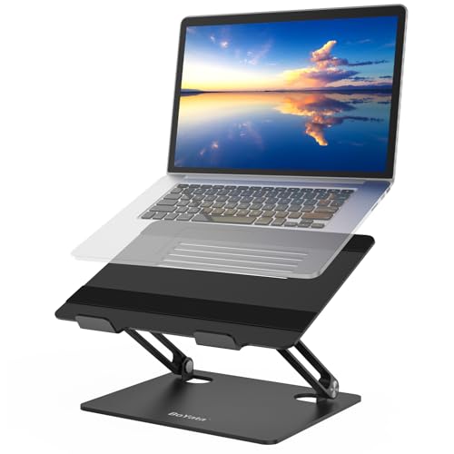 BoYata Laptop Stand, Adjustable Metal Desktop Riser, Up to 15 Inches, Black | Slide-Proof Silicone Pads and Protective Hooks Provide Stable Support for MacBook, Notebooks and Laptops up to 15 Inches - color: Black