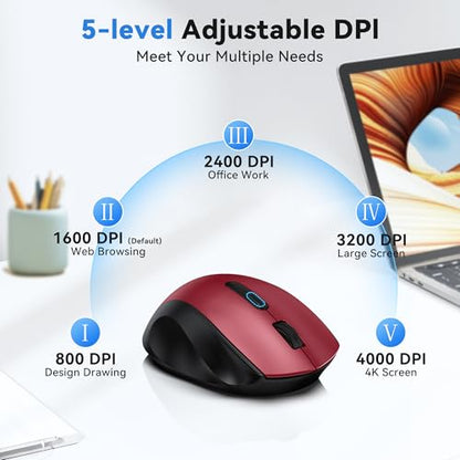 TECKNET Wireless Mouse for Laptop, Dual-Mode Bluetooth Wireless Mouse | (BT5.2/3.0 & 2.4G) Connection, Ergonomic Design, 5-Level DPI, Silent Click, Compatible with Laptop/PC/Windows/Chromebook - color: Red