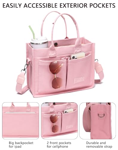 Canvas Tote Bag for Women,Women's Bags Crossbody Bags Work Laptop Tote Bag Large Handbags Purse for Travel Nurse Teacher - color: Pink With Compartments