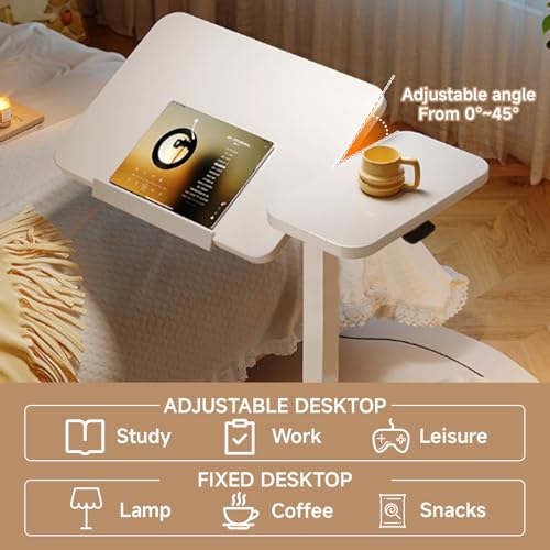 Upgraded Overbed Bedside Desk with Hidden Wheels, Height Adjustable Rolling Laptop Stand with Extended Front Stopper, Tilting Over Bed Table for Bed Sofa, White - color: White, style: Upgraded