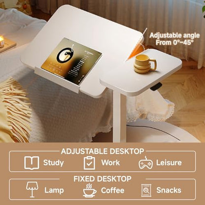 Upgraded Overbed Bedside Desk with Hidden Wheels, Height Adjustable Rolling Laptop Stand with Extended Front Stopper, Tilting Over Bed Table for Bed Sofa, White - color: White, style: Upgraded