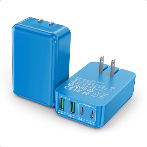 2Pack Flat USB C Charger Block, 40W 4-Port Fast Charger 20W Type C Charging Block 3.1A USB Wall Charger Dual Port PD+QC Charging Cube for iPhone 16 15 14 13 12 Pro Max XS, iPad,Samsung,（Light Blue ） - color: Light Blue