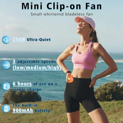 Portable Clip-On Fan, Mini USB Rechargeable 360° Rotatable Fan, Personal Fan 3-Speed Silent Mini Bladeless Fans (Orange) - color: 1 pack (A-Orange)