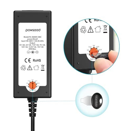 POWSEED Universal AC Adapter 45W 5V 6V 7.5V 9V 12V 13.5V 15V DC Power Supply 1A 2A 3A for Household Electronics Routers CCTV IP Cameras Speaker LED Strips, 5FT Charger Cord