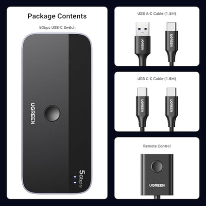 UGREEN USB Switch A & C Input for Computers - Share 4 Ports, Switcher Selector for PC, Laptop, Keyboard, Mouse, Webcam, Microphone - Adapter With 2 USB-C Data Cables and Remote