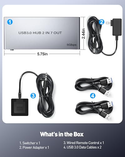 USB 3.0 Switch for 2 Computers, Sharing 4 USB-A & 3 USB-C Devices - 7 Port USB Switcher Selector to Share Keyboard, Mouse, USB Flash Drive, Printer, Scanner, with 2 USB 3.0 Cables and Controller